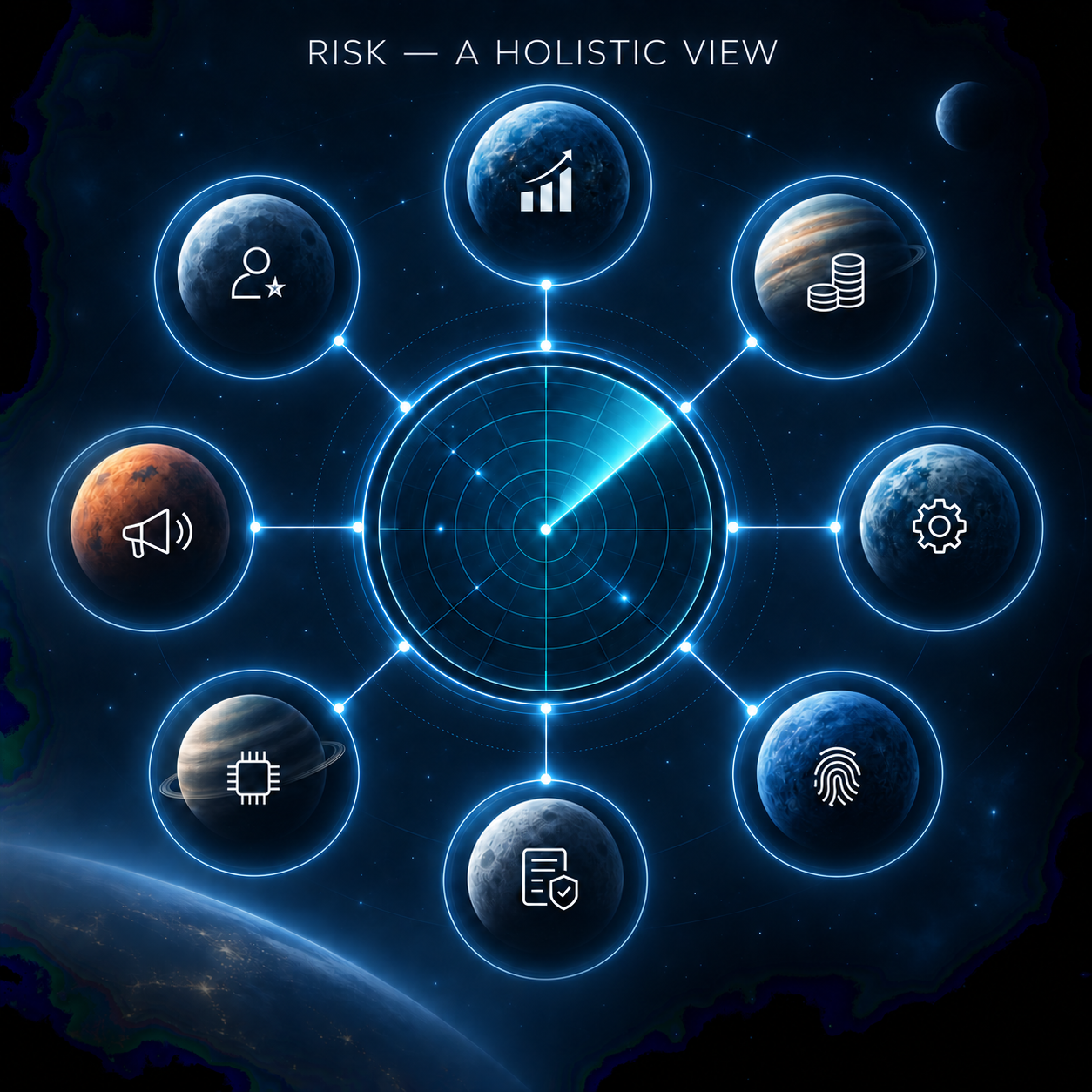 Holistic risk radar connecting eight areas represented by icons.